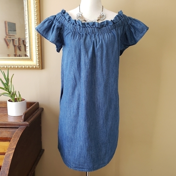 Corey Lynn Calter Anthropologie Chambray Off the Shoulder OTS Mini Dress Size M - Picture 3 of 11